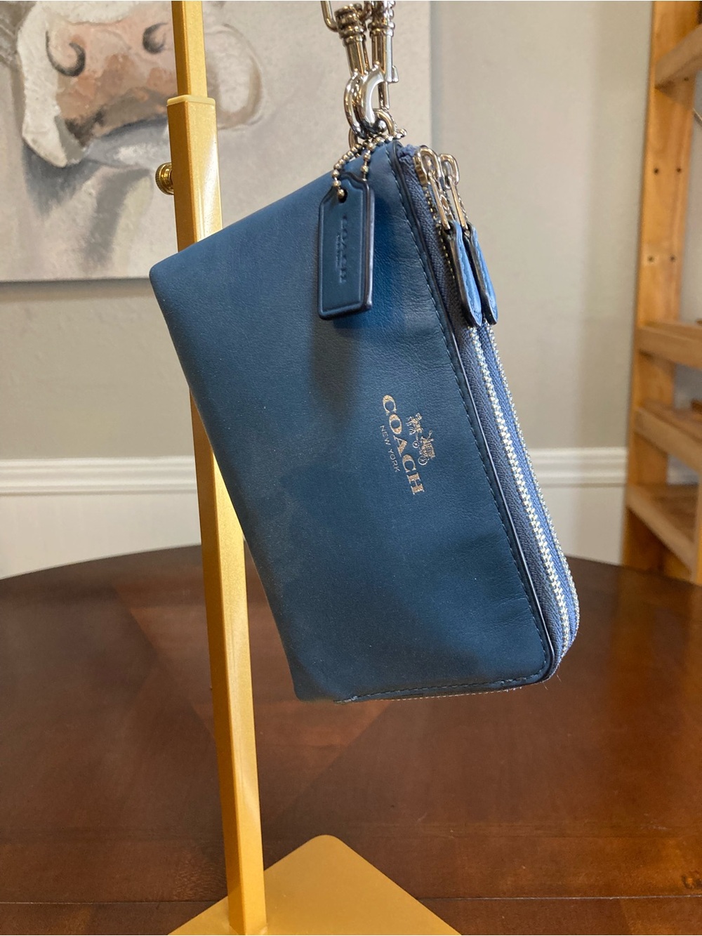 Coach Double L-Zip Teal Blue Full-Grain Leather Wristlet - Picture 3 of 16